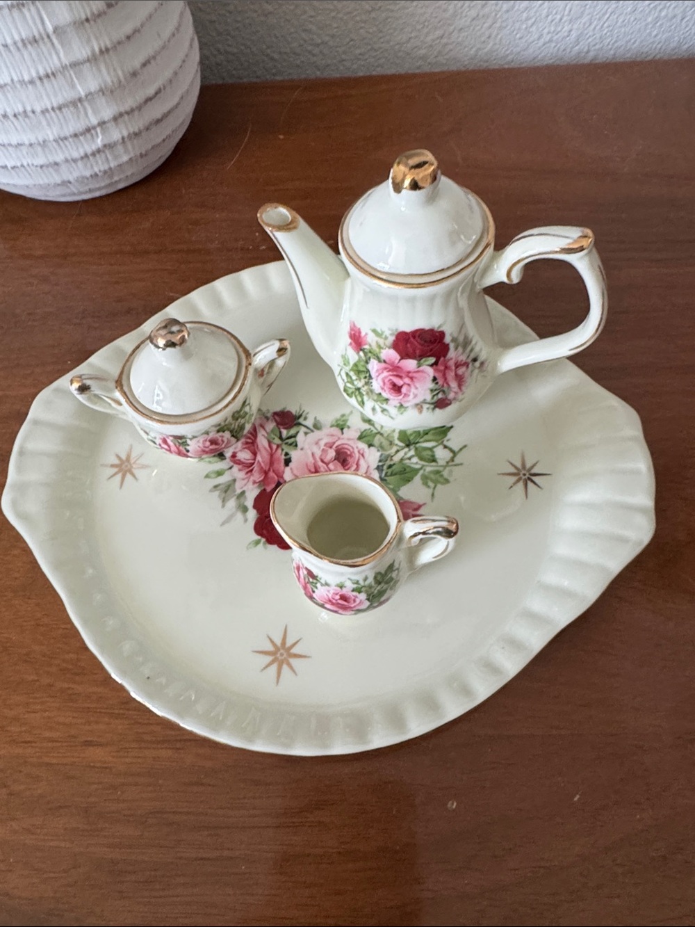 Baum Bros. Deceptive Floral Porcelain Tea Set - Pink Rose Accent with Gold Trim